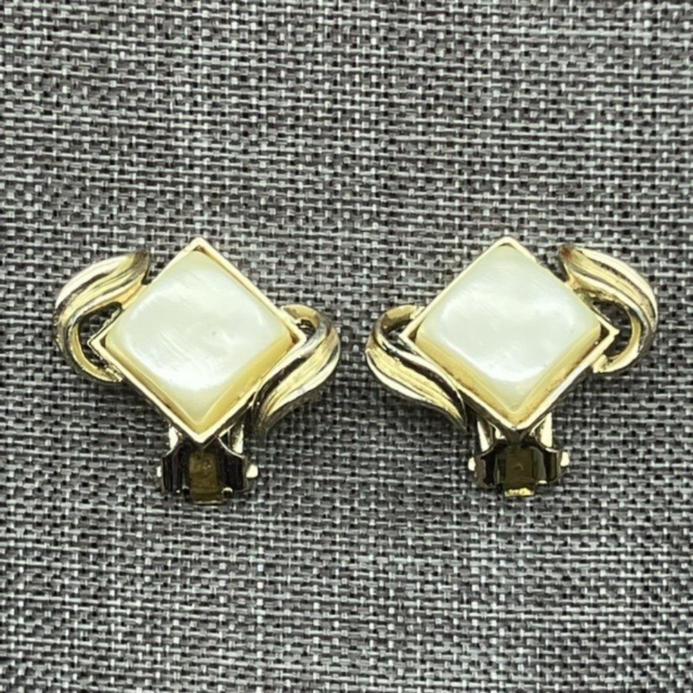 Clip On Earrings Pearl White Diamond Silver Swirl Retro Vintage Soft Girl Glam